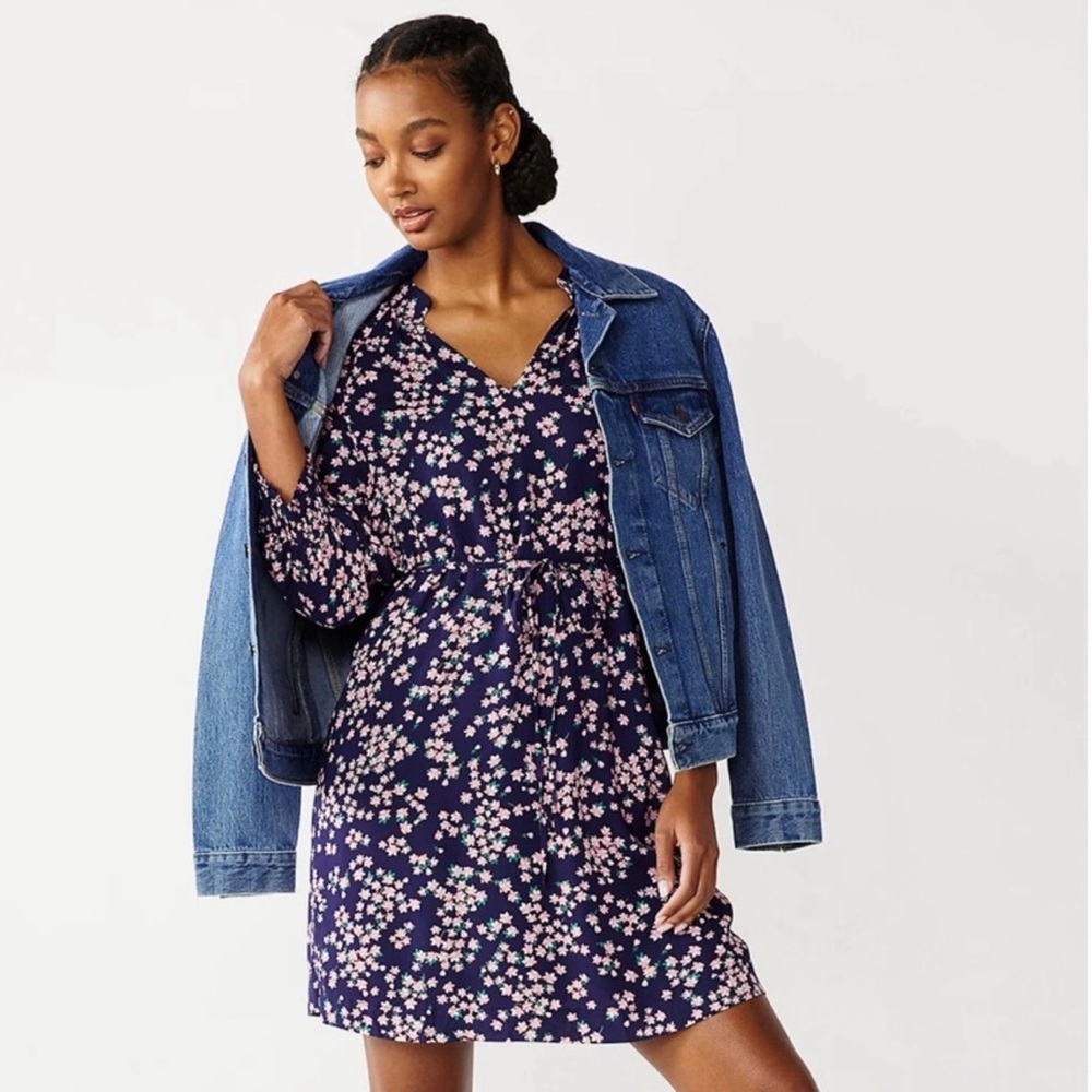 Draper James RSVP V-Neck Smocked Sleeve Dress Navy & Pink Floral Dress Size XXL